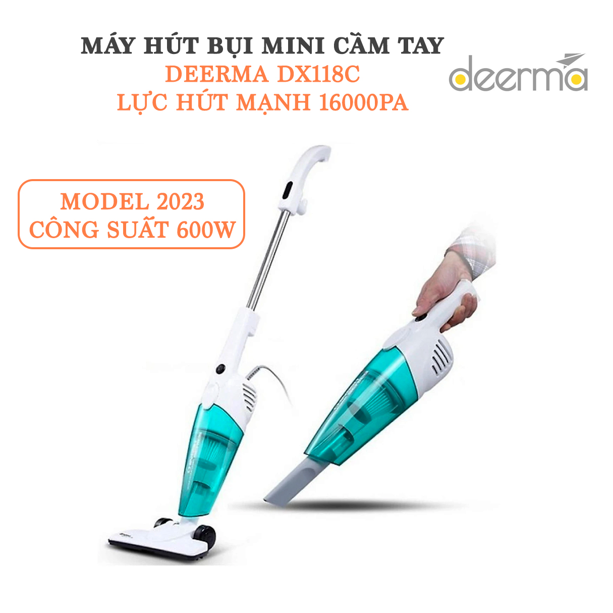 Máy hút bụi cầm tay Xiaomi Deerma DX118C thiết kế khoang chứa bụi 1.2 lít, công suất hút 12000 Pa